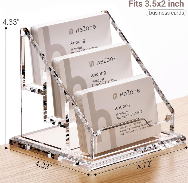 HeZone Acrylic Card Holder Clear Horizontal Business Card Organizer Stand for Desk 3 Slots 3 Tier Business Cards Stand for Women and Men,Office Desk Accessories,Organize 150 Cards-1 Pack(3 Slots-H) - Image 3
